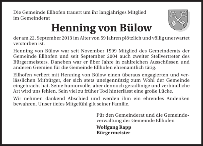  Traueranzeige für Henning von Bülöw vom 25.09.2013 aus 