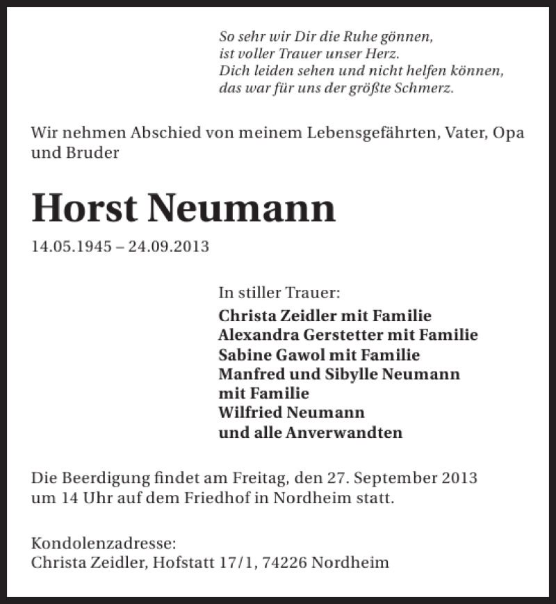  Traueranzeige für Horst Neumann vom 25.09.2013 aus 