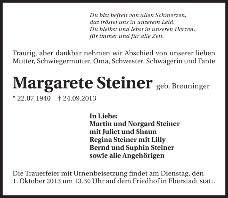  Traueranzeige für Margarete Steiner vom 27.09.2013 aus 