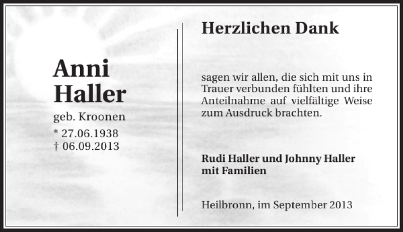  Traueranzeige für Anni Haller vom 28.09.2013 aus 