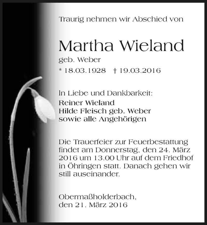  Traueranzeige für Martha Wieland vom 21.03.2016 aus 