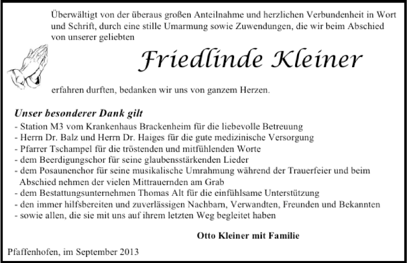  Traueranzeige für Friedlinde Kleiner vom 30.09.2013 aus 