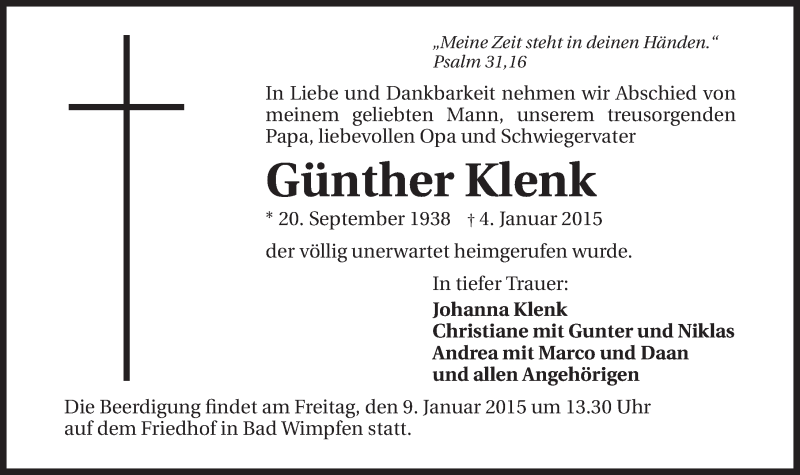  Traueranzeige für Günther Klenk vom 08.01.2015 aus 