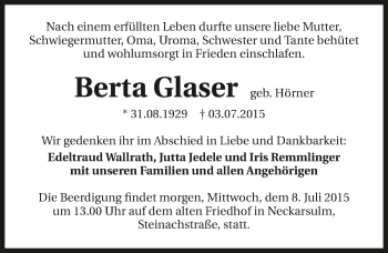 Traueranzeige von Berta Glaser 