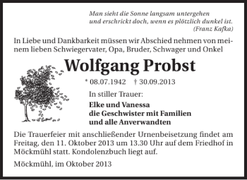 Traueranzeige von Wolfgang Probst 