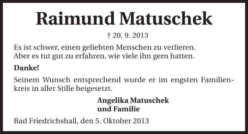  Traueranzeige für Raimund Matuschek vom 05.10.2013 aus 