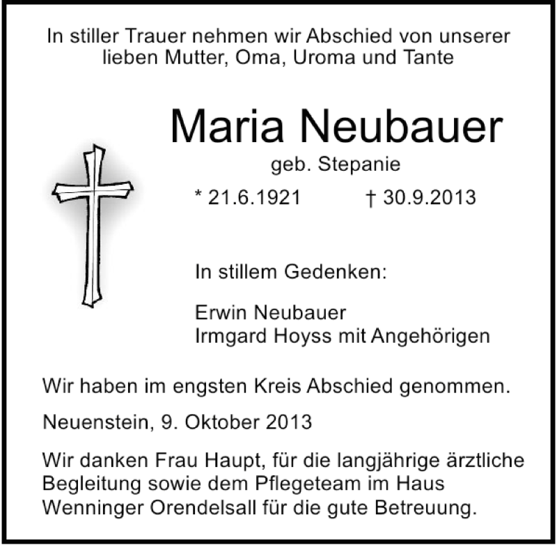  Traueranzeige für Maria Neubauer vom 09.10.2013 aus 