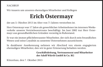 Traueranzeige von Erich Ostermayr 