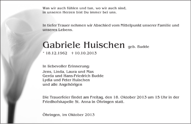  Traueranzeige für Gabriele Huischen vom 15.10.2013 aus 