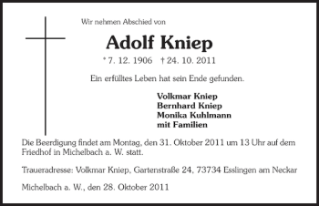 Traueranzeige von Adolf Kniep 