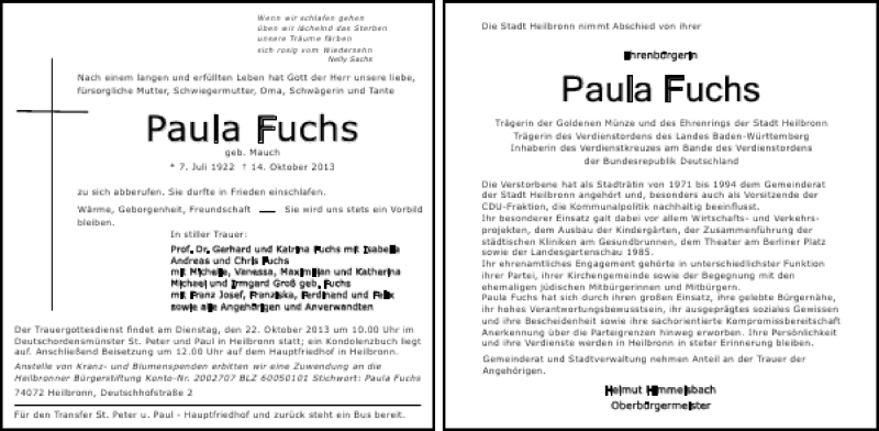  Traueranzeige für Paula Fuchs vom 17.10.2013 aus 