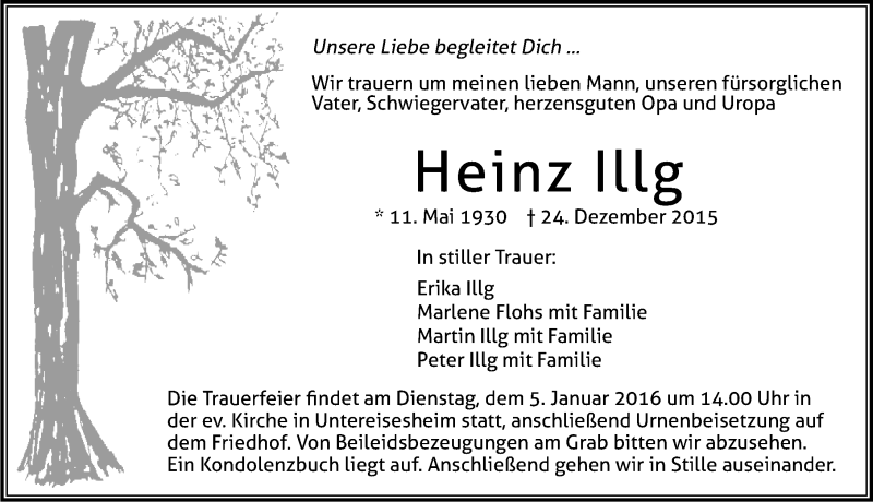  Traueranzeige für Heinz Illg vom 28.12.2015 aus 