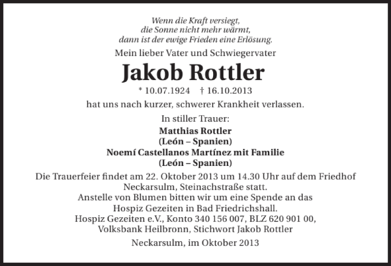  Traueranzeige für Jakob Rottler vom 19.10.2013 aus 