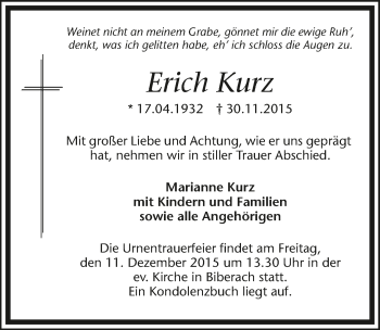 Traueranzeige von Erich Kurz 