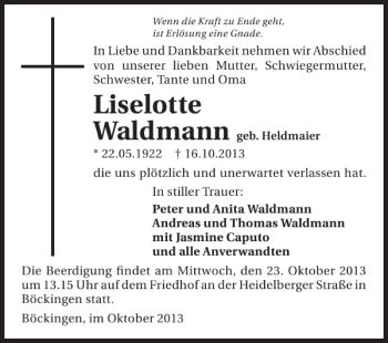 Traueranzeige von Liselotte Waldmann 