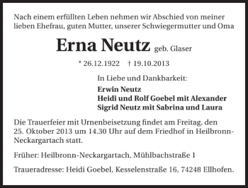Traueranzeige von Erna Neutz 