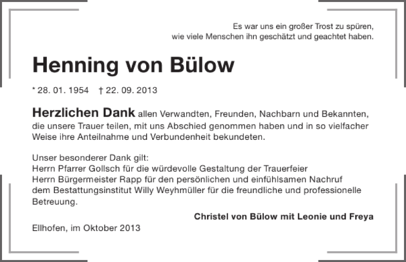  Traueranzeige für Henning von Bülow vom 23.10.2013 aus 