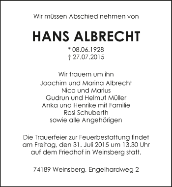 Traueranzeige von Hans Albrecht 