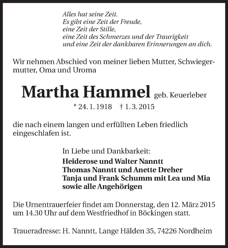  Traueranzeige für Martha Hammel vom 07.03.2015 aus 