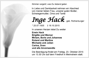 Traueranzeige von Inge Hack 