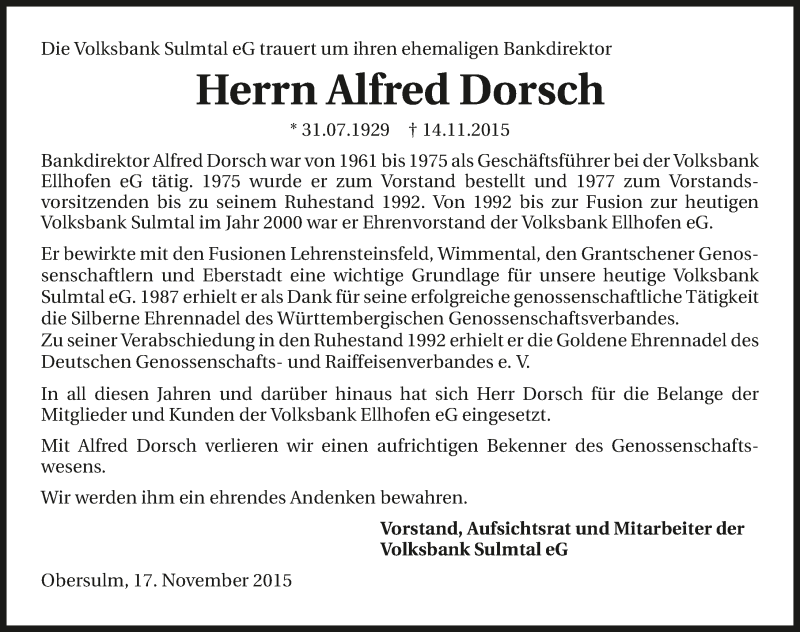  Traueranzeige für Alfred Dorsch vom 17.11.2015 aus 