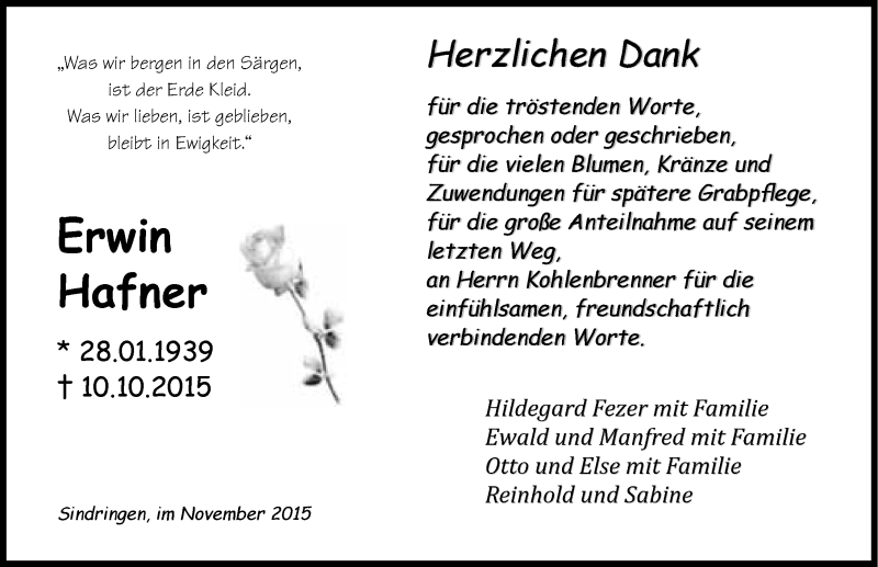  Traueranzeige für Erwin Hafner vom 14.11.2015 aus 