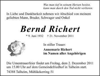 Traueranzeige von Bernd Richert 