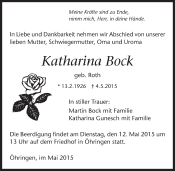 Traueranzeige von Katharina Bock 
