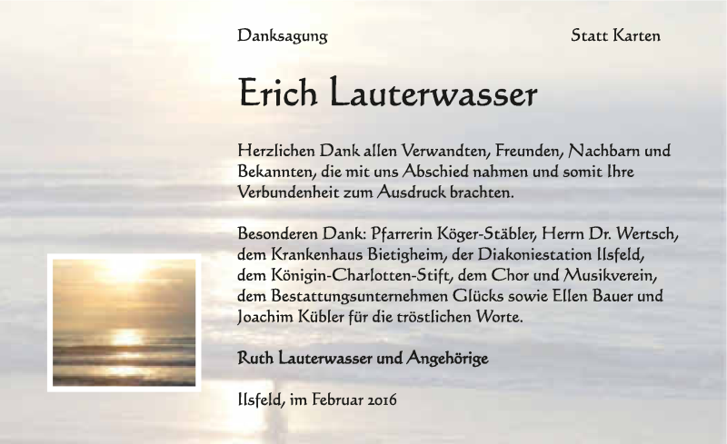  Traueranzeige für Erich Lauterwasser vom 20.02.2016 aus 