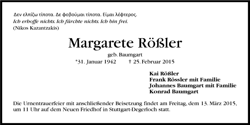  Traueranzeige für Margarete Rößler vom 07.03.2015 aus 