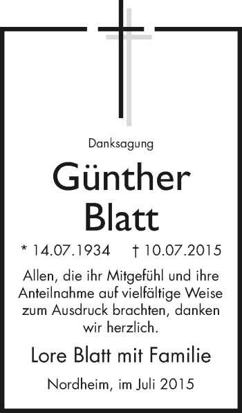 Traueranzeige von Günther Blatt 