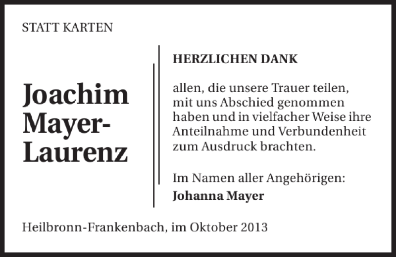  Traueranzeige für JoachimMayer-Laurenz JoachimMayer-Laurenz vom 30.10.2013 aus 