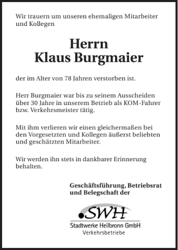 Traueranzeige von Klaus Burgmaier 