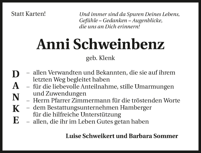  Traueranzeige für Anni Schweinbenz vom 15.09.2015 aus 