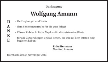 Traueranzeige von Wolfgang Amann 
