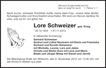 Traueranzeige von Lore Schweizer 