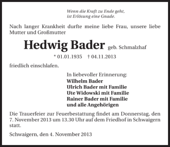 Traueranzeige von Hedwig Bader 