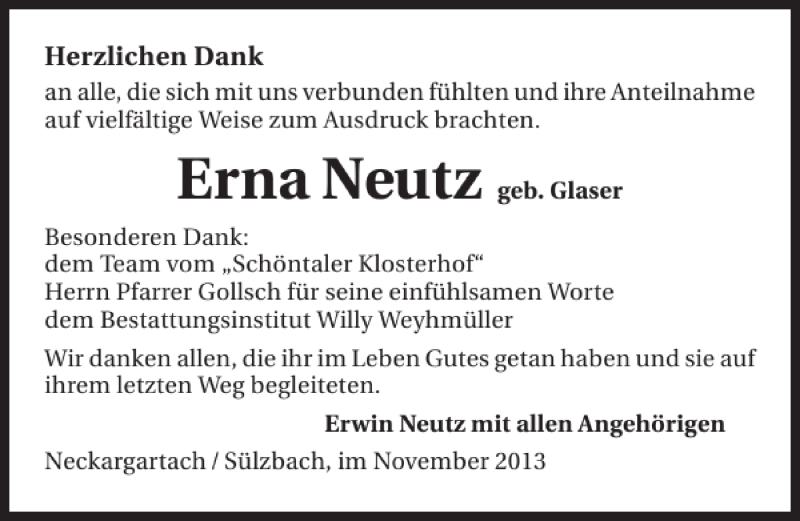  Traueranzeige für Erna Neutz vom 06.11.2013 aus 