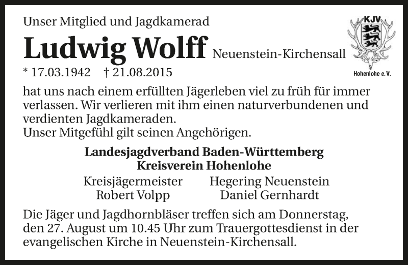  Traueranzeige für Ludwig Wolff vom 25.08.2015 aus 