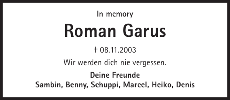  Traueranzeige für Roman Garus vom 08.11.2013 aus 