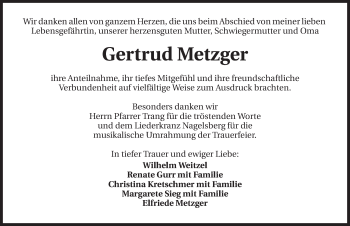 Traueranzeige von Gertrud Metzger 
