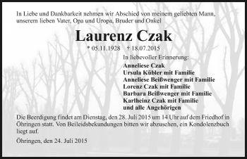 Traueranzeige von Laurenz Czak 