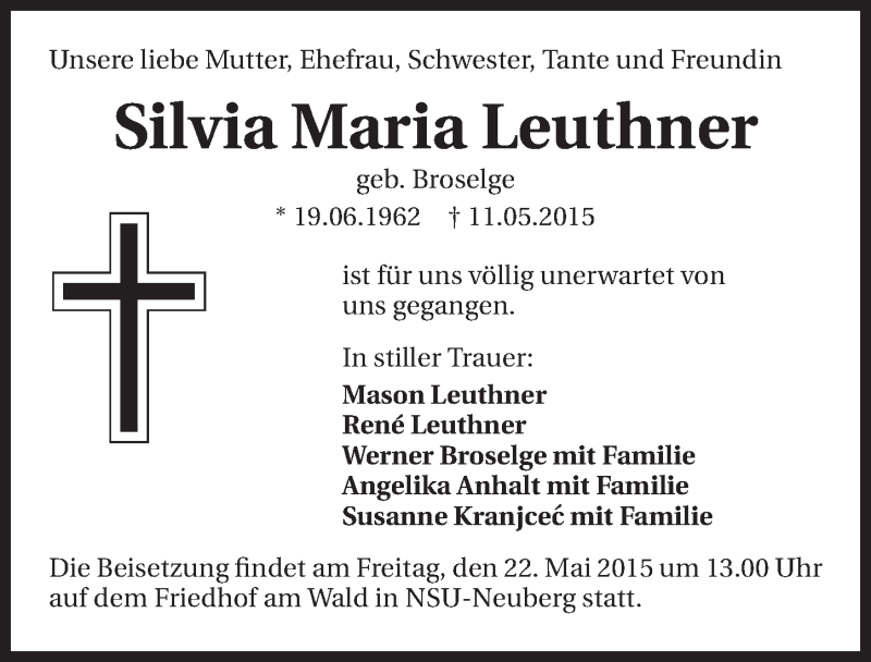  Traueranzeige für Silvia Maria Leuthner vom 19.05.2015 aus 