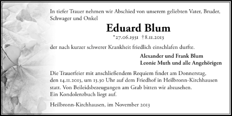  Traueranzeige für Eduard Blum vom 12.11.2013 aus 