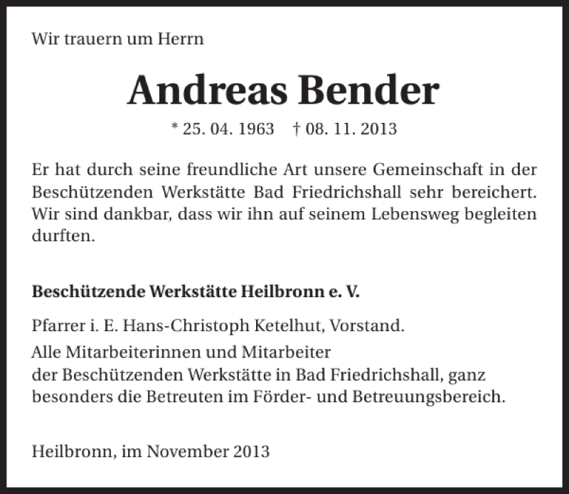  Traueranzeige für Andreas Bender vom 14.11.2013 aus 