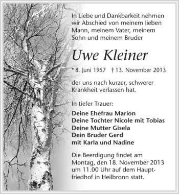 Traueranzeige von Uwe Kleiner 