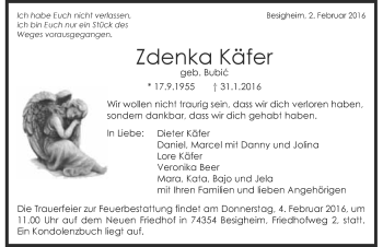 Traueranzeige von Zdenka Käfer 