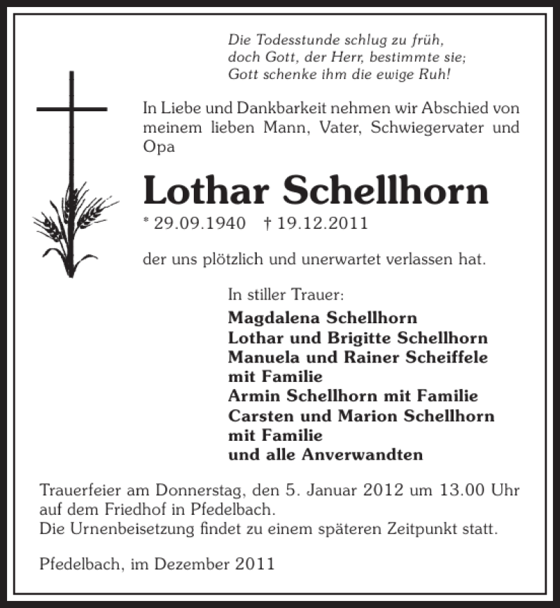  Traueranzeige für doch Gott der Herr bestimmte si Die Todesstunde schlug zu früh vom 28.12.2011 aus 