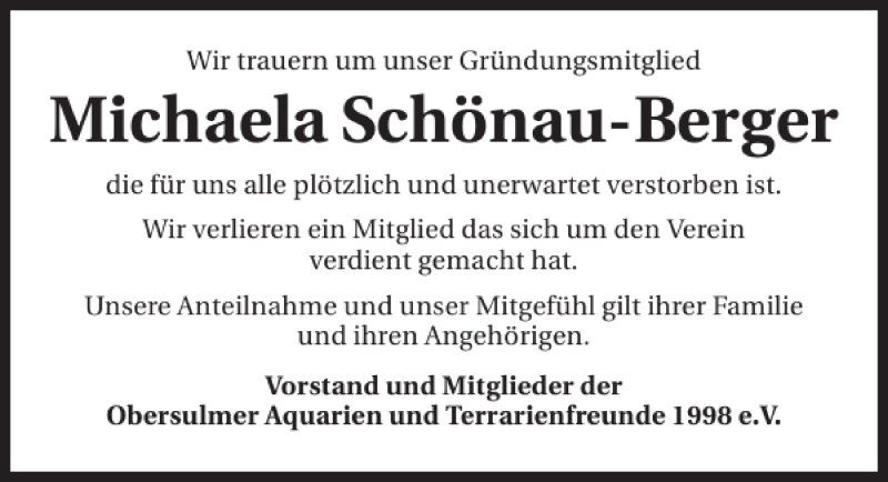  Traueranzeige für Michaela Schönau-Berger vom 15.11.2013 aus 
