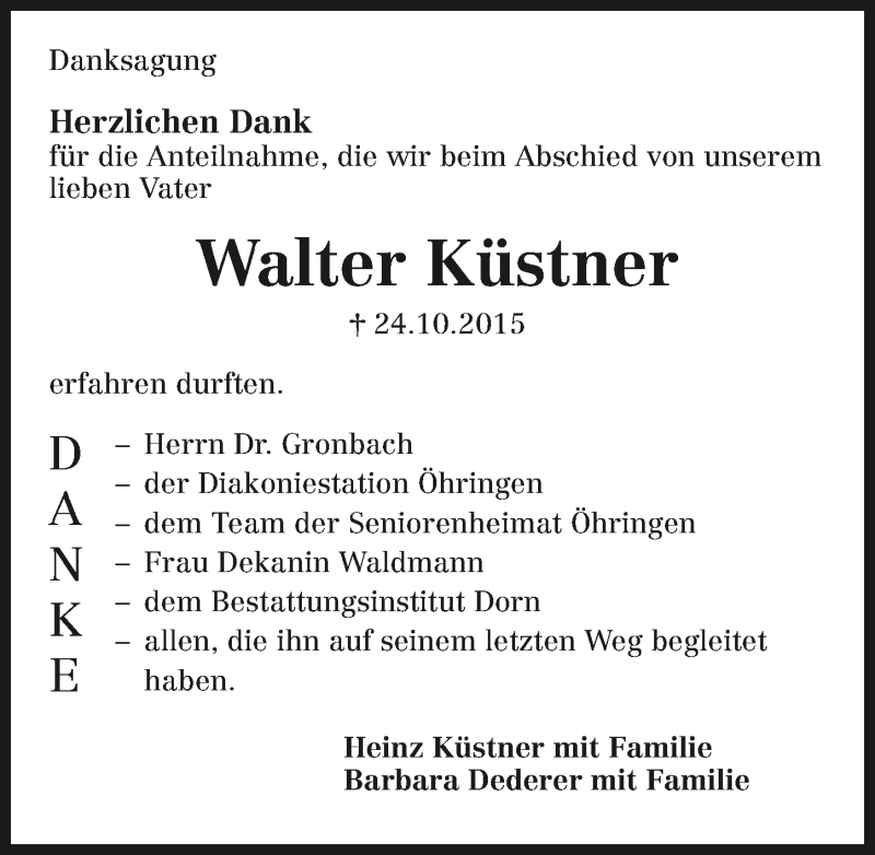  Traueranzeige für Walter Küstner vom 11.11.2015 aus 